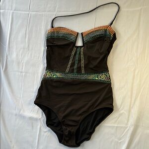 Nanette Lepore Brown with colorful details. Mayan Rivera One Piece Swimsuit